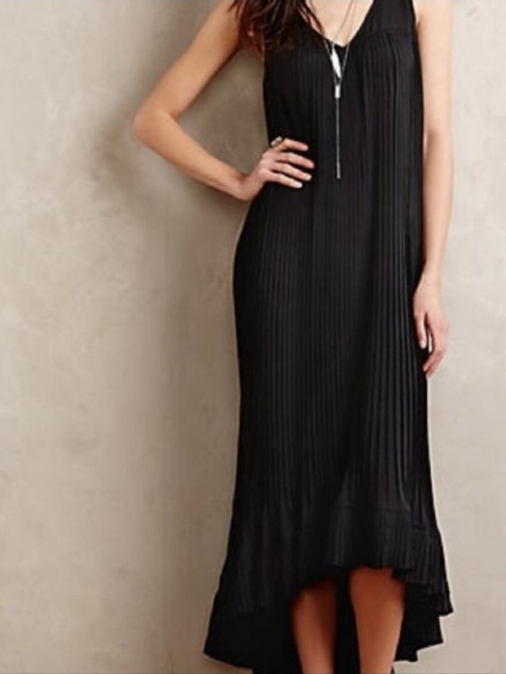 Fleur Wood Black Pleated High Low Midi Dress Sleeveless Ruffle Hem Size M